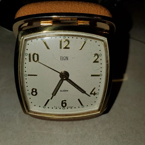 Vintage Elgin Travel Alarm Clock Genuine Leather hard case Made in Germany Cover