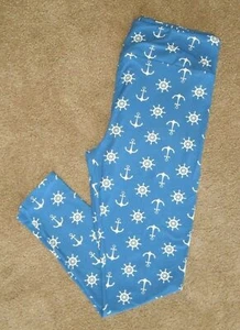 LuLaRoe OS Nautical Anchor Ship Lake Life Ocean Blue & White Leggings CLEARANCE - Picture 1 of 2