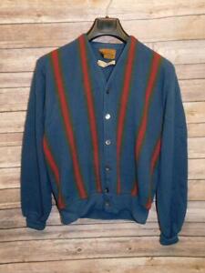 Vintage Jantzen M Blue Red Green Striped Cardigan Sweater V Neck Grandpa USA 70s