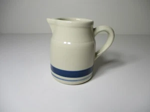 Roseville Friendship Pottery Small Pitcher 4” Creamer Syrup 2 Blue Stripes Ohio - Picture 1 of 8