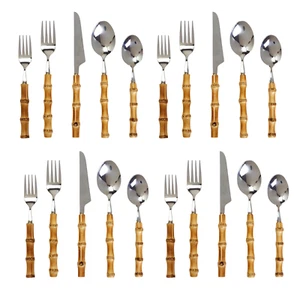 Natural Bamboo Flatware Service Set For 4 Stainless Steel Silverware 20-pcs set - Picture 1 of 4