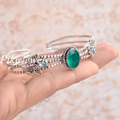Bracciale in argento sterling 925 con onice verde e pietra preziosa labradori... - Immagine 1 di 4