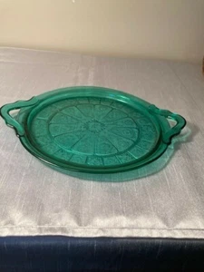 Jeannette Doric Pansy Ultramarine Green Depression Glass Cake Plate 2 Handles - Picture 1 of 5