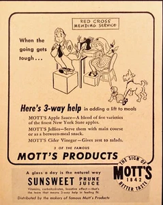 1943 Mott's Apple Sauce Jellies Vinegar Adding Lift To Meals Vintage Print Ad - Picture 1 of 6