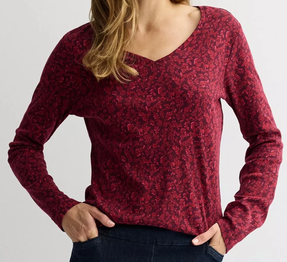 Camiseta Top Croft & Barrow Manga Larga Cuello en V XL - Granate Floral - Nueva Foto 1 de 1