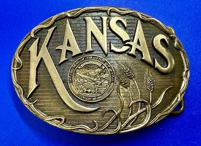 Gran Sello de los Estados de Kansas Vintage Bronce Sólido Alta Mesa Hebilla de Cinturón Foto 1 de 4