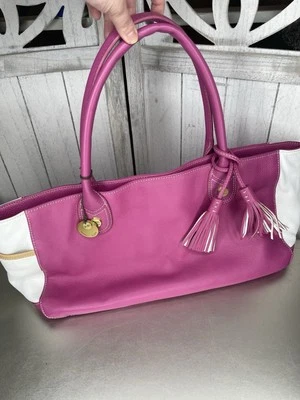 Sigrid Olsen Leather Shoulder Bag Pink Color Block Top Handle Tote - Image 1 of 4