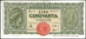Italy - bank note Of 50 Lire 22-09-1944 " Italia Turrita " Ttb P#74 - Picture 1 of 2