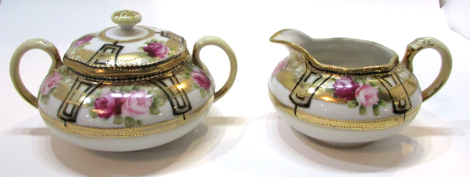 Antiguo Nippon Moriage Crema Azúcar Set Pintado a Mano Rosas Rosas Oro Decoración Foto 1 de 4