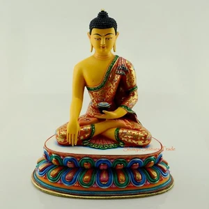 Estatua de cobre pintada dorada de Buda Shakyamuni de 10,75" de Patan, Nepal - Imagen 1 de 11