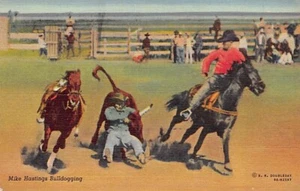 Postcard: Cowboy Mike Hastings Bulldogging, Vintage Linen Unposted - Picture 1 of 2