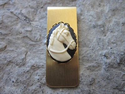 HORSE CAMEO GOLD PLATED BRASS MONEY CLIP - FATHER'S DAY - HORSE LOVER - BLACK - Image 1 of 2
