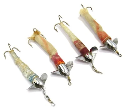 Devon/McGinty-Style Vintage Cloth Wrapped Spinning Fishing Lures, Lot of 4, Read - Image 1 of 4