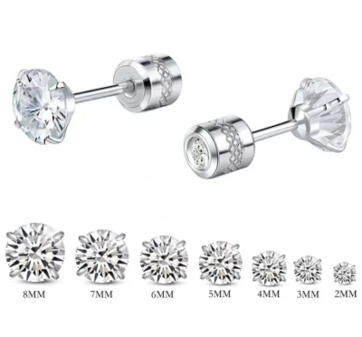 Women Men Silver Stainless Steel Round CZ Stud Earrings Screw Back Gift PE30 - Image 1 of 4