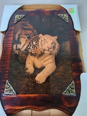 New Vintage Lacquer Photo Print On Wood Picture  9X7 Tiger Couple  White Tiger - Image 1 of 4
