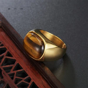 Stainless Steel Tiger Eye Stone Ring for Men Women Band Silver Gold Size 7-13 - Picture 1 of 11