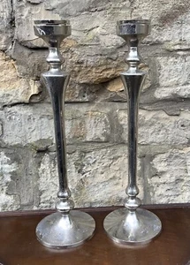 PAIR OF TALL LARGE SILVER FINISH METAL CANDLE STICKS STANDS CANDLE HOLDERS - Picture 1 of 3