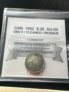 1892  Obv.#2**, Coin Mart Graded Canadian,  5 Cent, **AU-50** Cleaned , Residue  - Bild 1 von 8