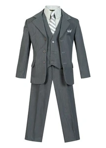 kids Boys Bridal Formal STRIPED suit 5 pcs set coat,vest,pant,shirt,clip tie  - Picture 1 of 7