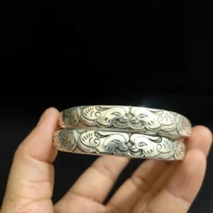 A Pair Old Chinese tibet silver handcarved Mandarin duck Bracelets Q82 - Picture 1 of 9