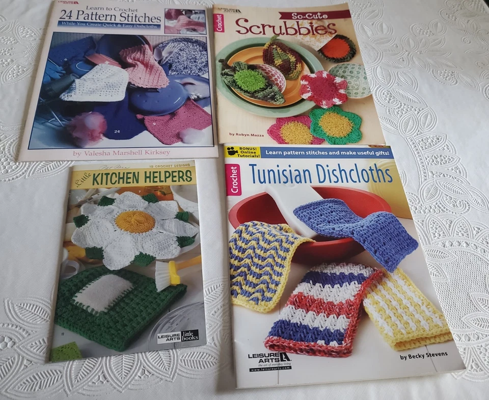 4 Leisure Arts Crochet Tunisian Dishcloth, Scrubbies, Kitchen Helper, Dishcloths - Image 1 of 1