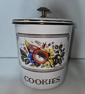 MCM 60's Signed Georges Briard Fruit and Flower Enamelware Cookies Canister  - Picture 1 of 12