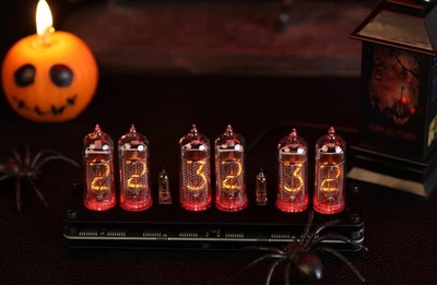 Halloween  Nixie clock. In-14 6 tubes. Carbon case. Warm shine of tubes. - Image 1 of 4