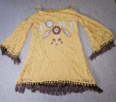 MISSLOOK Yellow Hippie Boho Lace Cold Shoulder Pom Pom Fringe Tunic Dress Top M - Image 1 of 4