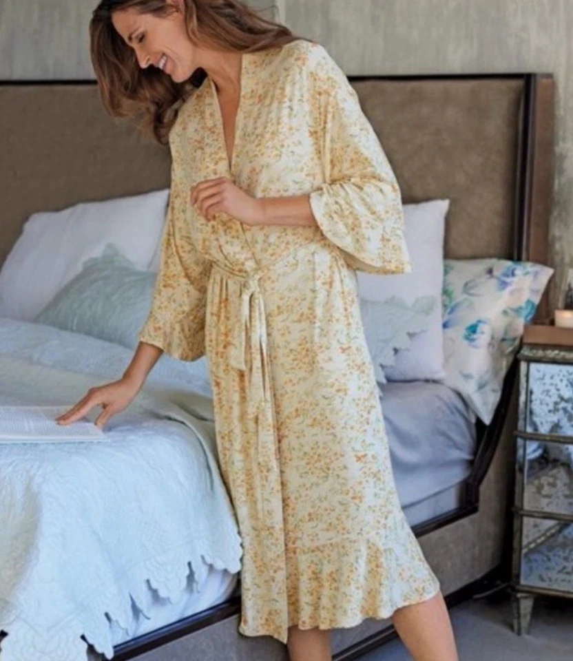 SOFT SURROUNDINGS Robe Medium Yellow Floral Blissful Magnolia SOFT Bamboo Knit - Image 1 of 4