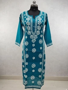 Indian Lucknow Chikankari Mul Cotton Tunic Kurti Full Embroidary Lucknow Chikan - Picture 1 of 4