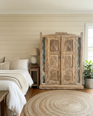 Antique Carved Armoire Beige Small Cabinet Closet with Storage Home Decor 45x34 - Image 1 of 4