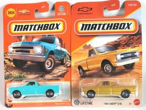 2 Car Lot Matchbox 1968 Chevy C10 Turquoise Blue 2024 Gold 2025 Chevrolet Pickup - Picture 1 of 3