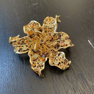 Nolan Miller Iris Pin Flower Brooch Orange gold tone rhinestones LARGE Lily