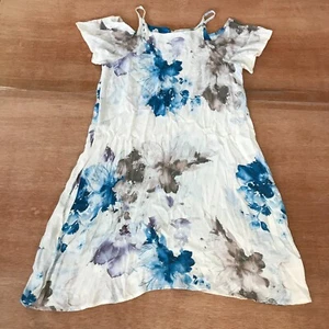 Zimt Mädchen Minikleid Mädchen 11/12 blau weiß Blumen kalte Schulter Taschen - Bild 1 von 13