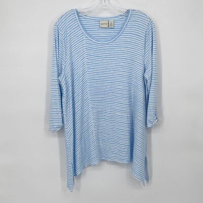 Chicos Zenergy Grande L 2 Azul Blanco Rayas Boho Informal Top Mangas Enrolladas 3/4 Foto 1 de 4