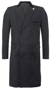 Mens 3/4 Grey Long Double Breasted Overcoat Wool Coat Peaky Blinders - Picture 1 of 5