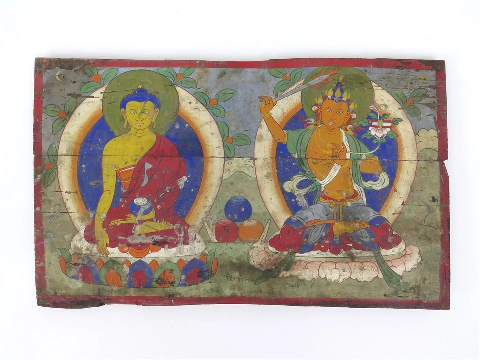 Thangka budista tibetano original sobre madera Shakyamuni y Manjushri 10,5" x 17" Foto 1 de 4