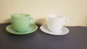 2 SETS FIRE KING ANCHOR HOCKING ST. DENIS CUPS & SAUCERS JADEITE/WHITE - Picture 1 of 7