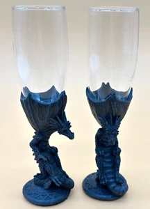 Pewter Dragon Wine Champagne Glass Goblet 8” Tall Set of 2 - Picture 1 of 9