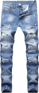 Enrica Men's Ripped Distressed Destroyed Straight Fit Washed Denim Jeans - Picture 1 of 6