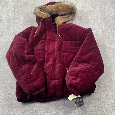 IZZI Activewear Quilted Velvet Hooded Jacket Genuine Raccoon Fur Trim Burgundy L - Image 1 of 4