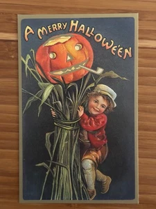 Halloween Ellen Clapsaddle Repro postcard Boy on Corn Stalk with Jack O Latern - Picture 1 of 2