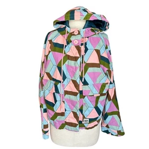 Chaqueta con Capucha Geométrica Azul Púrpura LUCY & YAK Para Mujer Talla Mediana Colorida Mod - Imagen 1 de 8
