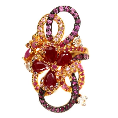 Anillo de plata de ley 925 con piedras preciosas de rubí rojo, zafiro y circón para mujer Foto 1 de 4