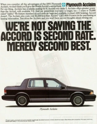 Vintage Print Ad 1991 Plymouth Acclaim Sedan Better Than Honda Accord Chrysler - Image 1 of 2