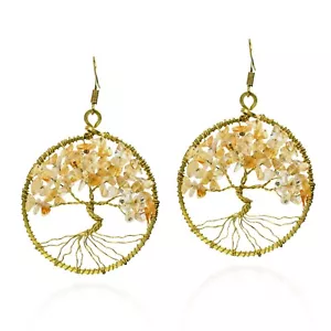 Eternal Tree of Life Yellow Citrine Stone Branch Brass Dangle Earrings - Bild 1 von 4