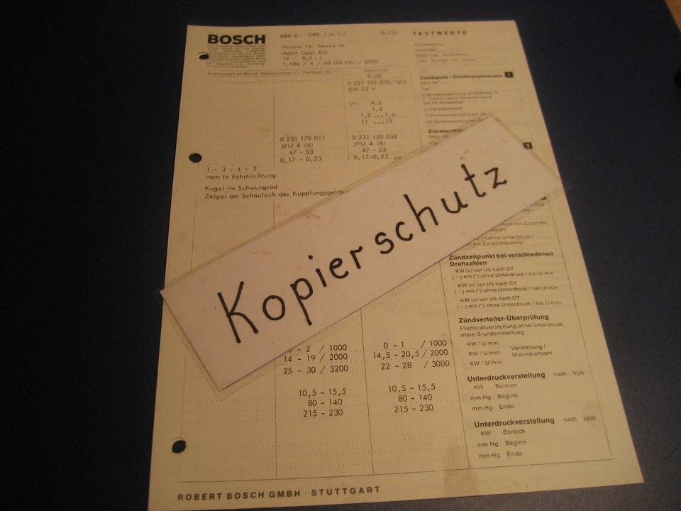 Opel Ascona A, Manta A  1,6ltr 68 PS Bj. ab 09. 70, orig. Bosch Testwerte-Blatt - Bild 1 von 1