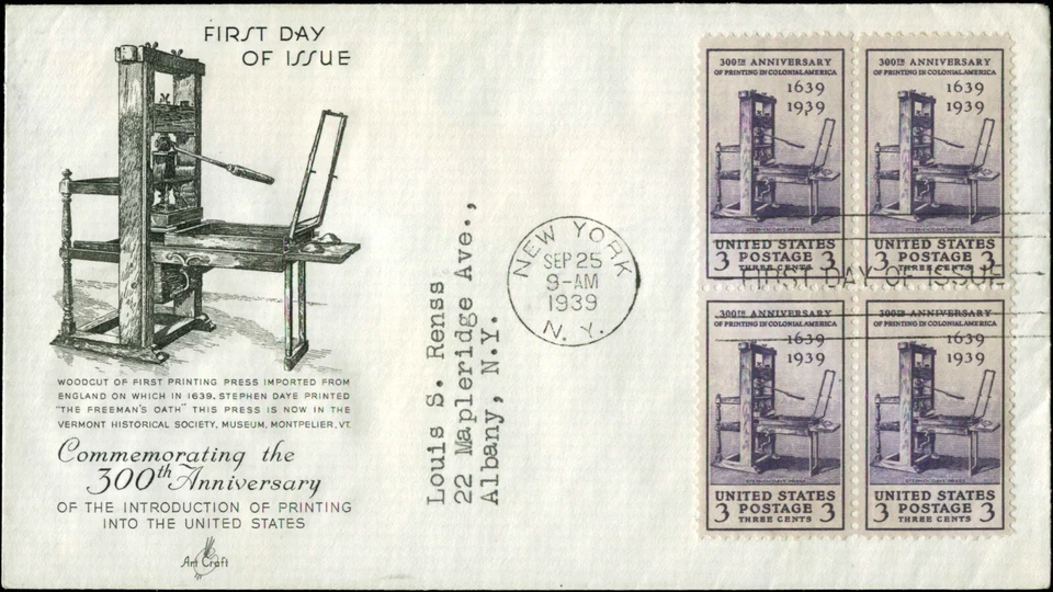 US FDC #857 Block of 4 Planty P3a Artcraft Vermont Cachet Severe #2 with TM - Image 1 of 1