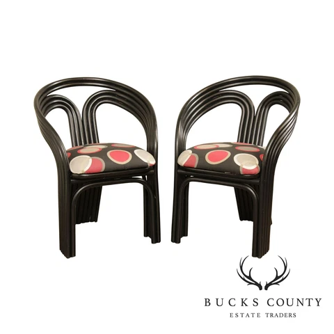 Vintage Art Deco Style Pair Black Lacquer Bentwood Rattan Armchairs Cover