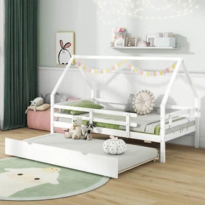 Twin Size House Bed w/ Trundle Wooden Kids Bed w/ Safety Rails & Decorable Roof - Picture 1 of 10